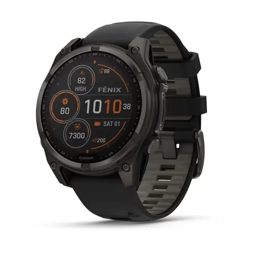 ساعت گارمین fenix 8 – 47 mm, Solar, Sapphire Sapphire, Carbon grey DLC titanium with Black/pebble grey silicone band