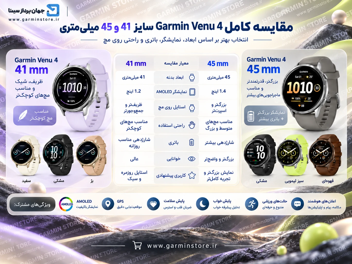 مقایسه ساعت گارمین ونو 4 سایز 45 و 41 میلی متری